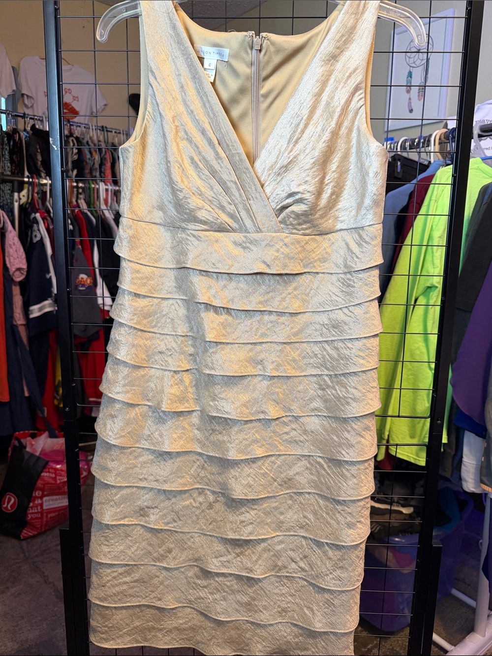 London Times Gold Sleeveless V-Neck Tiered Midi Dress